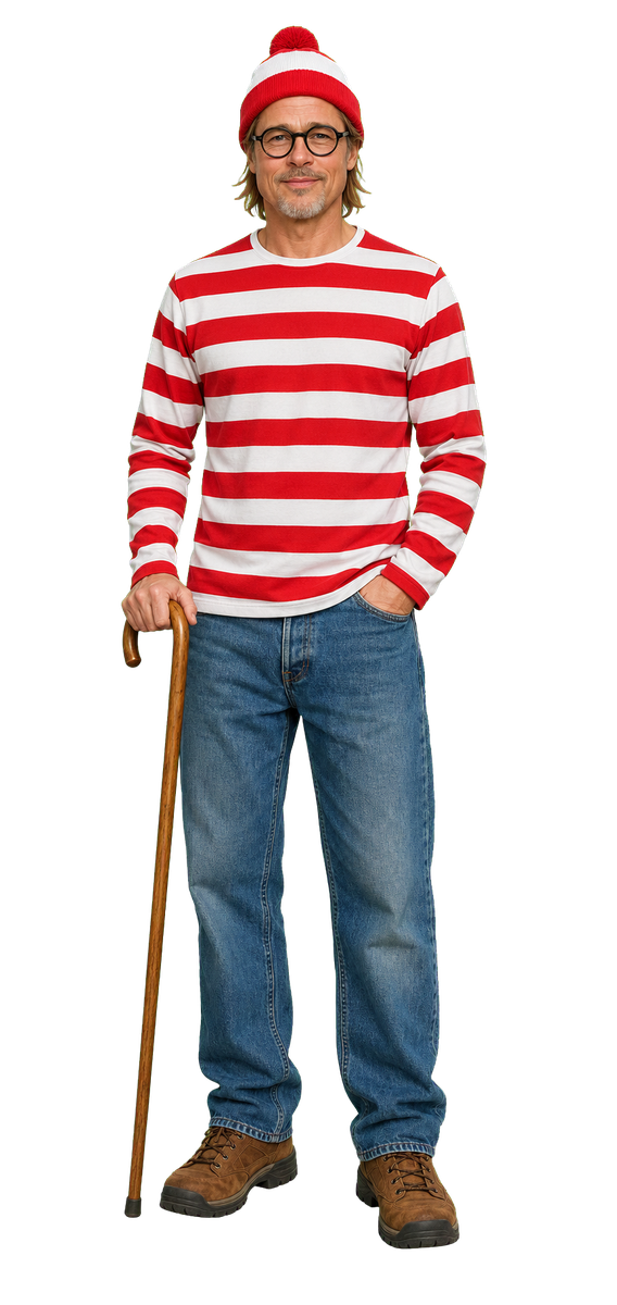Brad Pitt likeness in a red-and-white striped shirt and hat